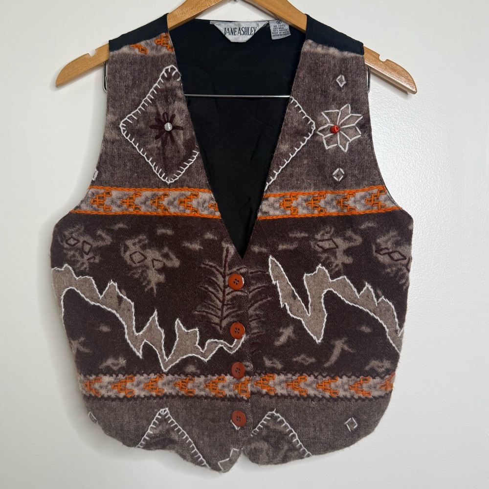 Vintage Jane Ashley Wool Blend Vest Southwestern Women’s Size Medium Embroidered